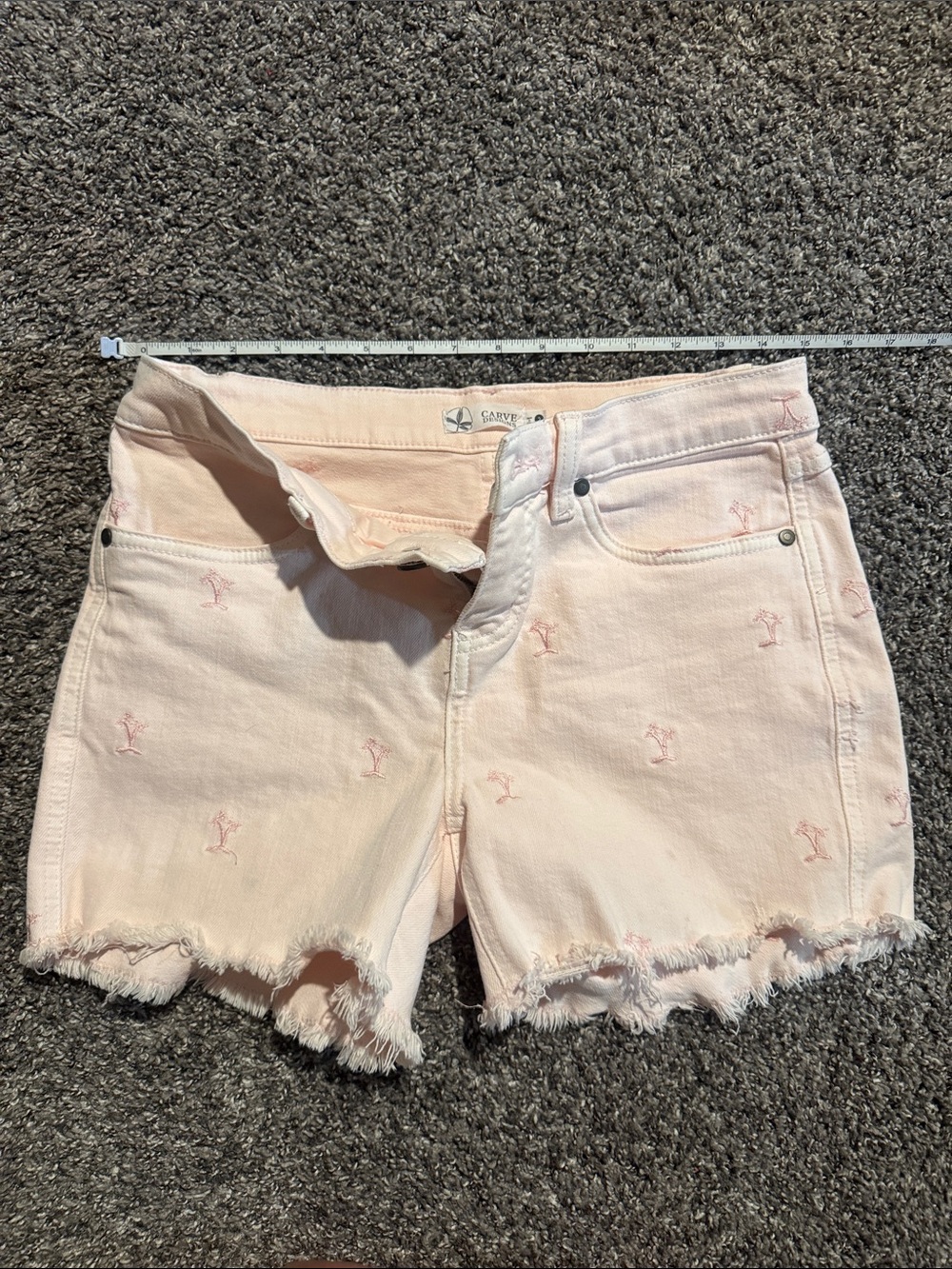 Carve Designs Light Pink Palm Tree Embroidered Frayed-Hem Denim Shorts